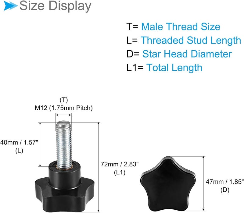 CoCud Star Clamping Knobs, M12 x 40mm Male Thread 47mm Head, Plastic Thumb Screw Grip Hand Knobs Threaded Bolt Black - (Applications: for Lathe Machinery), 2-Pieces - Image 2